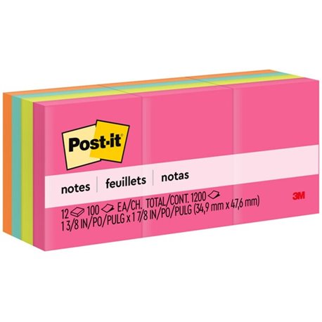 Post-it Notes Original Notepads - Poptimistic Color Collection - 1200 - 1 1/2" x 2" - Rectangle - 100 Sheets per Pad - Unruled -