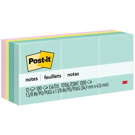 Post-it Notes - Beachside Caf&eacute Color Collection - 1200 - 1 1/2" x 2" - Rectangle - 100 Sheets per Pad - Unruled - Fresh Mi