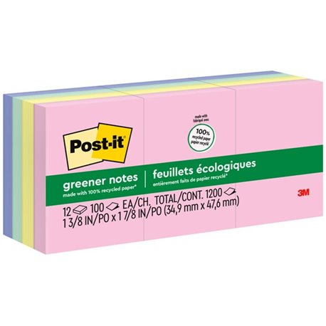 Post-it Greener Notes - 1200 - 1 1/2" x 2" - Rectangle - 100 Sheets per Pad - Unruled - Positively Pink, Canary Yellow, Fresh Mi