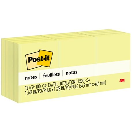 Post-it Notes Original Notepads - 1 3/8" x 1 7/8" - Rectangle - 100 Sheets per Pad - Unruled - Canary Yellow - Paper - Self-adhe