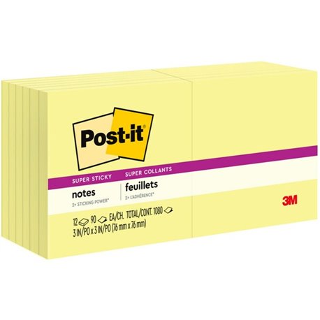 Post-it Super Sticky Notes - 1080 - 3" x 3" - Square - 90 Sheets per Pad - Unruled - Canary Yellow - Paper - Self-adhesive - 12 