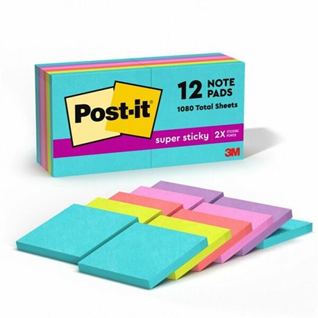 Post-it Super Sticky Notes - Supernova Neons Color Collection - 1080 x Multicolor - 3" x 3" - Rectangle - 90 Sheets per Pad - Aq