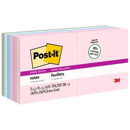 Post-it Super Sticky Recycled Notes - Wanderlust Pastels Color Collection - 1080 - 3" x 3" - Square - 90 Sheets per Pad - Unrule