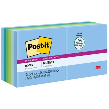 Post-it Super Sticky Recycled Notes - Oasis Color Collection - 1080 - 3" x 3" - Square - 90 Sheets per Pad - Unruled - Washed De