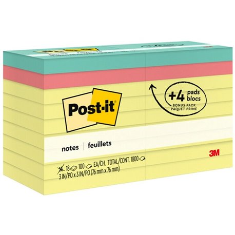 Post-it Notes Original Notepads - 1800 - 3" x 3" - Square - 100 Sheets per Pad - Unruled - Canary Yellow - Paper - Removable - 1