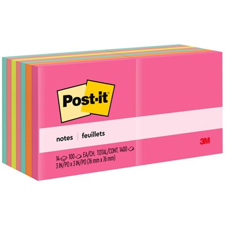 Post-it Notes - Poptimistic Color Collection - 1400 - 3" x 3" - Square - 100 Sheets per Pad - Unruled - Power Pink, Vital Orange