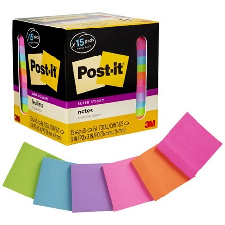 Post-it Super Sticky Notes - 15 - 3" x 3" - Square - 45 Sheets per Pad - Neon Orange, Tropical Pink, Power Pink, Iris, Blue Para