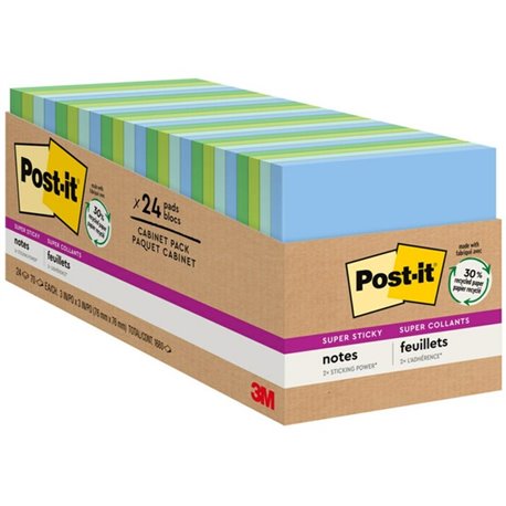 Post-it Super Sticky Notes Cabinet Pack - Oasis Color Collection - 1680 - 3" x 3" - Square - 70 Sheets per Pad - Unruled - Washe