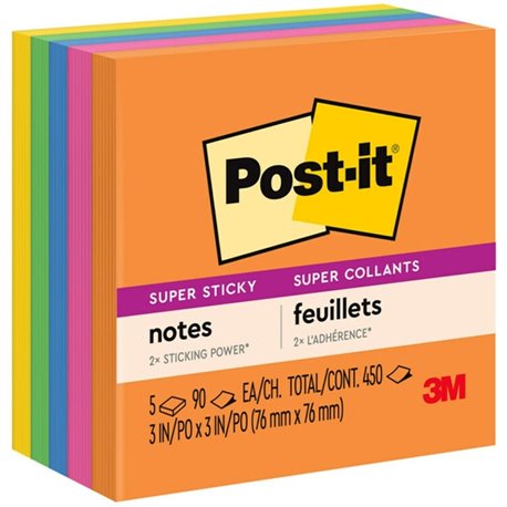 Post-it Super Sticky Notes - Energy Boost Color Collection - 450 - 3" x 3" - Square - 90 Sheets per Pad - Unruled - Vital Orange