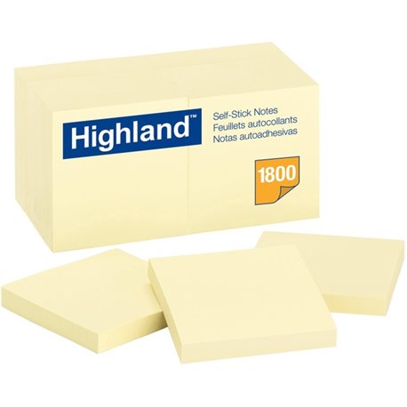 Highland Self-Sticking Notepads - 1800 - 3" x 3" - Square - 100 Sheets per Pad - Unruled - Yellow - Paper - Removable - 18 / Pac