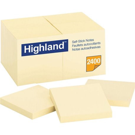 Highland Self-Sticking Notepads - 2400 - 3" x 3" - Square - 100 Sheets per Pad - Unruled - Yellow - Paper - Removable - 24 / Pac