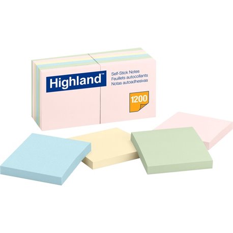 Highland Self-Sticking Notepads - 1200 - 3" x 3" - Square - 100 Sheets per Pad - Unruled - Assorted Pastel - Paper - Self-adhesi