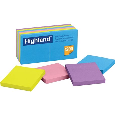 Highland Self-Sticking Notepads - Bright Colors - 1200 - 3" x 3" - Square - 100 Sheets per Pad - Unruled - Bright Assorted - Pap