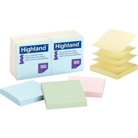 Highland Self-sticking Pastel Pop-up Notepads - 1200 - 3" x 3" - Square - 100 Sheets per Pad - Unruled - Assorted Pastel - Paper