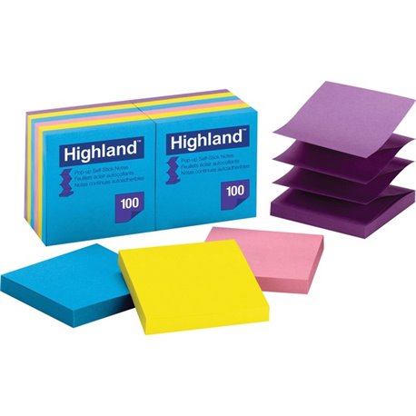 Highland Self-sticking Bright Pop-up Notepads - 1200 - 3" x 3" - Square - 100 Sheets per Pad - Unruled - Bright Assorted - Paper