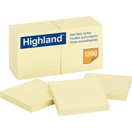 Highland Self-Sticking Notepads - 1200 - 3" x 3" - Square - 100 Sheets per Pad - Unruled - Yellow - Paper - Self-adhesive - 12 /