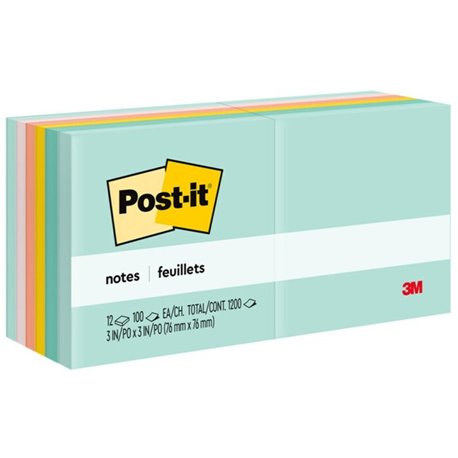 Post-it Notes - Beachside Caf&eacute Color Collection - 1200 - 3" x 3" - Square - 100 Sheets per Pad - Unruled - Fresh Mint, Aqu