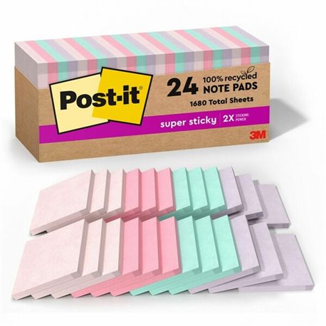 Post-it Recycled Super Sticky Notes - 70 - 3" x 3" - Square - 70 Sheets per Pad - Wanderlust Pastels - Adhesive - 24 / Pack - Re