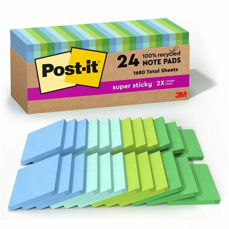 Post-it Recycled Super Sticky Notes - 70 - 3" x 3" - Square - 70 Sheets per Pad - Assorted Oasis - Adhesive - 24 / Pack - Recycl