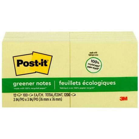 Post-it Greener Notes - 1200 - 3" x 3" - Square - 100 Sheets per Pad - Unruled - Canary Yellow - Paper - Self-adhesive, Repositi