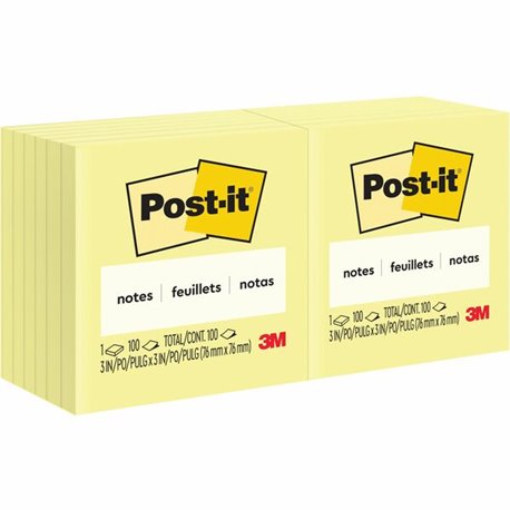 Post-it Notes Original Notepads - 3" x 3" - Square - 100 Sheets per Pad - Unruled - Canary Yellow - Paper - Self-adhesive, Repos