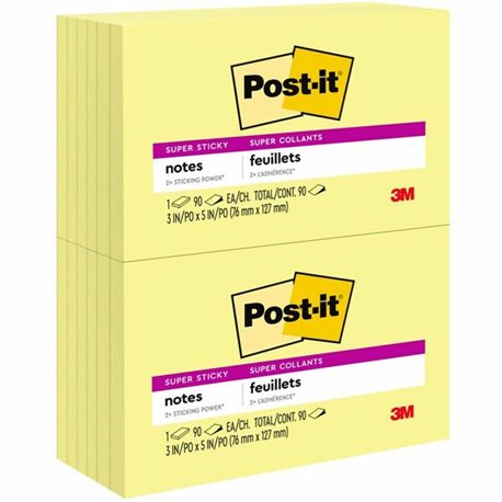 Post-it Super Sticky Notes - 1080 - 3" x 5" - Rectangle - 90 Sheets per Pad - Unruled - Yellow - Paper - Self-adhesive - 12 / Pa