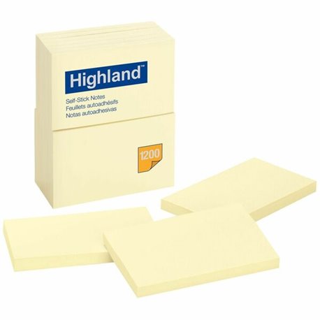 Highland Self-sticking Notepads - 1200 - 3" x 5" - Rectangle - 100 Sheets per Pad - Unruled - Yellow - Paper - Self-adhesive, Re