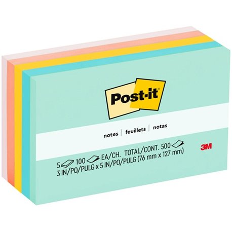 Post-it Notes - Beachside Caf&eacute Color Collection - 500 - 3" x 5" - Rectangle - 100 Sheets per Pad - Unruled - Fresh Mint, A