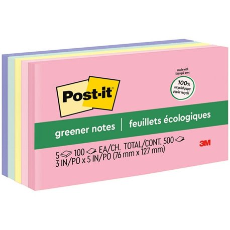 Post-it Greener Notes - Sweet Sprinkles Color Collection - 500 - 3" x 5" - Rectangle - 100 Sheets per Pad - Unruled - Positively