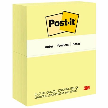 Post-it Notes Original Notepads - 3" x 5" - Rectangle - 100 Sheets per Pad - Unruled - Canary Yellow - Paper - Self-adhesive, Re