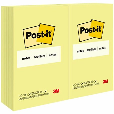 Post-it Notes Original Notepads - 4" x 6" - Rectangle - 100 Sheets per Pad - Unruled - Canary Yellow - Paper - Self-adhesive, Re