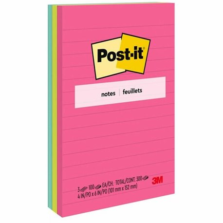 Post-it Lined Notes - Poptimistic Color Collection - 300 - 4" x 6" - Rectangle - 100 Sheets per Pad - Ruled - Power Pink, Neon G