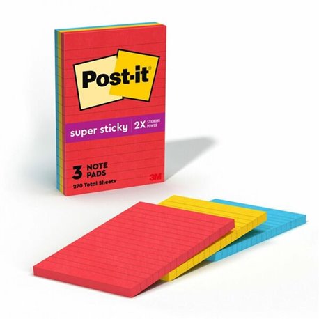 Post-it Notes Original Lined Notepads -Playful Primaries Color Collection - 270 - 4" x 6" - Rectangle - 90 Sheets per Pad - Rule