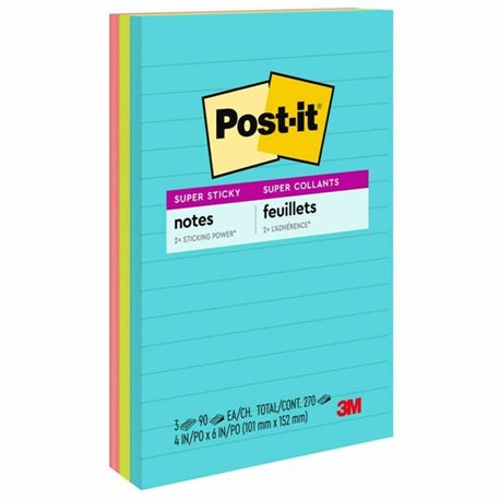 Post-it Super Sticky Notes - Supernova Neons Color Collection - 270 x Multicolor - 4" x 6" - Rectangle - 90 Sheets per Pad - Rul