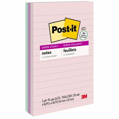 Post-it Super Sticky Lined Recycled Notes - Wanderlust Pastels Color Collection - 270 - 4" x 6" - Rectangle - 90 Sheets per Pad 