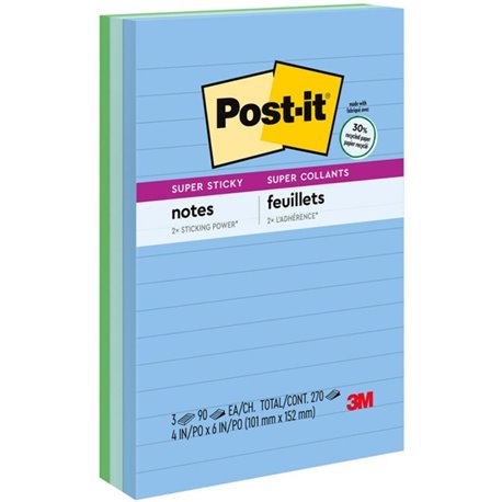 Post-it Super Sticky Notes - Oasis Color Collection - 270 - 4" x 6" - Rectangle - 90 Sheets per Pad - Ruled - Washed Denim, Fres