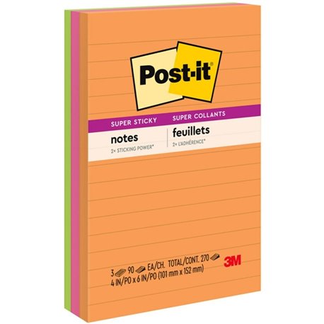 Post-it Super Sticky Notes - Energy Boost Color Collection - 270 x Assorted - 4" x 6" - Rectangle - 90 Sheets per Pad - Ruled - 