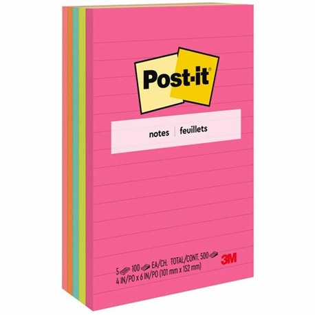 Post-it Notes Original Notepads - Poptimistic Color Collection - 4" x 6" - Rectangle - 100 Sheets per Pad - Ruled - Power Pink, 