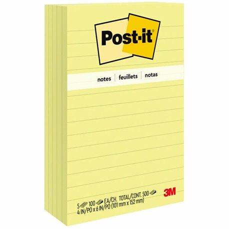 Post-it Lined Notes - 500 - 4" x 6" - Rectangle - 100 Sheets per Pad - Ruled - Yellow - Paper - Self-adhesive, Repositionable - 