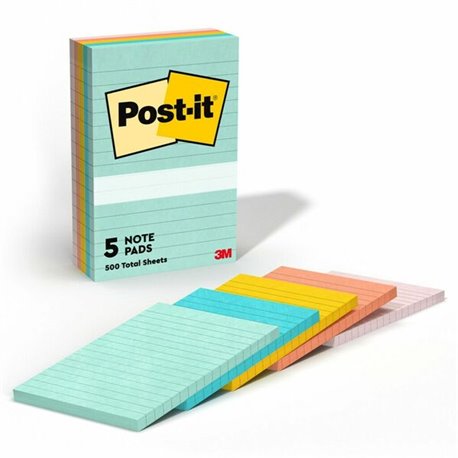 Post-it Lined Notes - Beachside Caf&eacute Color Collection - 500 x Assorted Pastel - 4" x 6" - Rectangle - 100 Sheets per Pad -