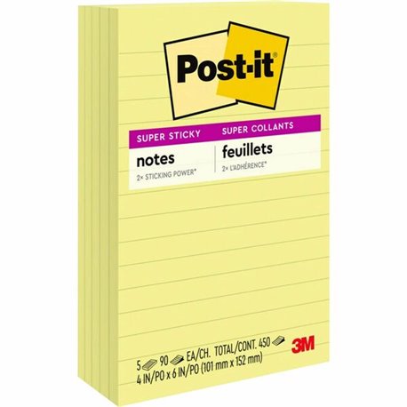 Post-it Super Sticky Lined Notes - 450 - 4" x 6" - Rectangle - 90 Sheets per Pad - Ruled - Canary Yellow - Paper - Self-adhesive