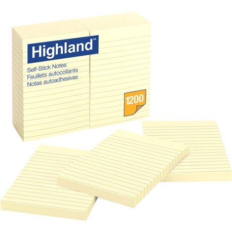 Highland Self-sticking Lined Notepads - 1200 - 4" x 6" - Rectangle - 100 Sheets per Pad - Ruled - Yellow - Paper - Self-adhesive