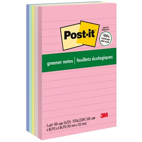 Post-it Greener Lined Notes - Sweet Sprinkles Color Collection - 500 x Assorted - 4" x 6" - Rectangle - 100 Sheets per Pad - Rul