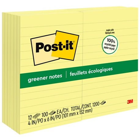 Post-it Greener Notes - 1200 - 4" x 6" - Rectangle - 100 Sheets per Pad - Ruled - Canary Yellow - Paper - Self-adhesive, Reposit