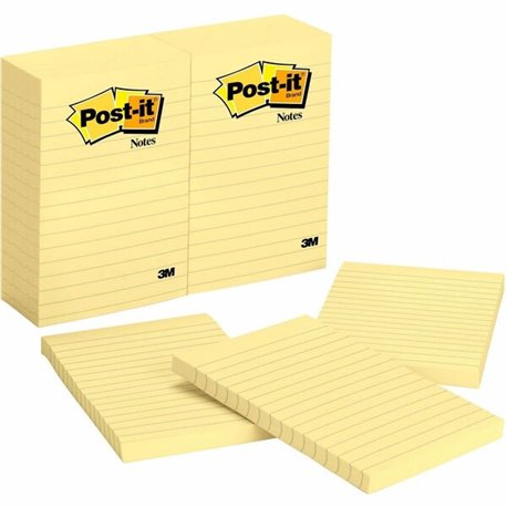 Post-it Notes Original Lined Notepads - 100 - 4" x 6" - Rectangle - 100 Sheets per Pad - Ruled - Canary Yellow - Paper - Self-ad