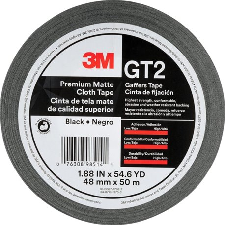 3M Gaffers Cloth Tape - 54.60 yd Length x 1.90" Width - 11 mil Thickness - Vinyl - 1 / Roll - Black