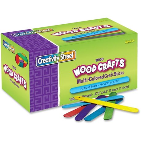 Creativity Street Bright Hues Wood Craft Sticks - Craft - 4.50"Height x 0.37"Width x 8"Length - 1 / Box - Assorted, Blue, Green,