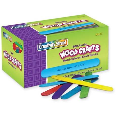 Creativity Street Jumbo Craft Sticks Bright Assortment - Craft, Project x 0.75"Width x 2"Thickness x 6"Length - 500 / Box - Asso