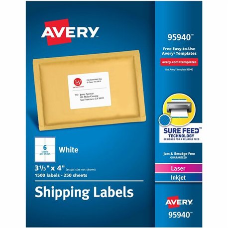 Avery Shipping Labels, Sure Feed, 3-1/3" x 4" , 1,500 Labels (95940) - 3 21/64" Width x 4" Length - Permanent Adhesive - Rectang