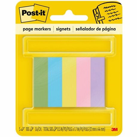 Post-it Page Markers - 100 - 1/2" x 2" - Rectangle - Unruled - Electric Blue, Yellow, Aqua Wave, Light Mulberry, Neon Green - Pa